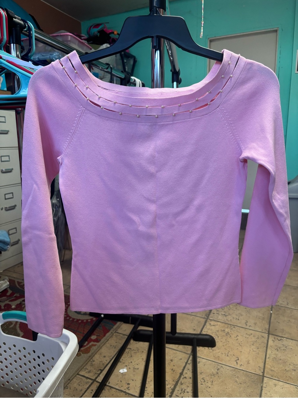 Cable & Gauge Lilac Long Sleeve Top with Beaded Scoop Neck